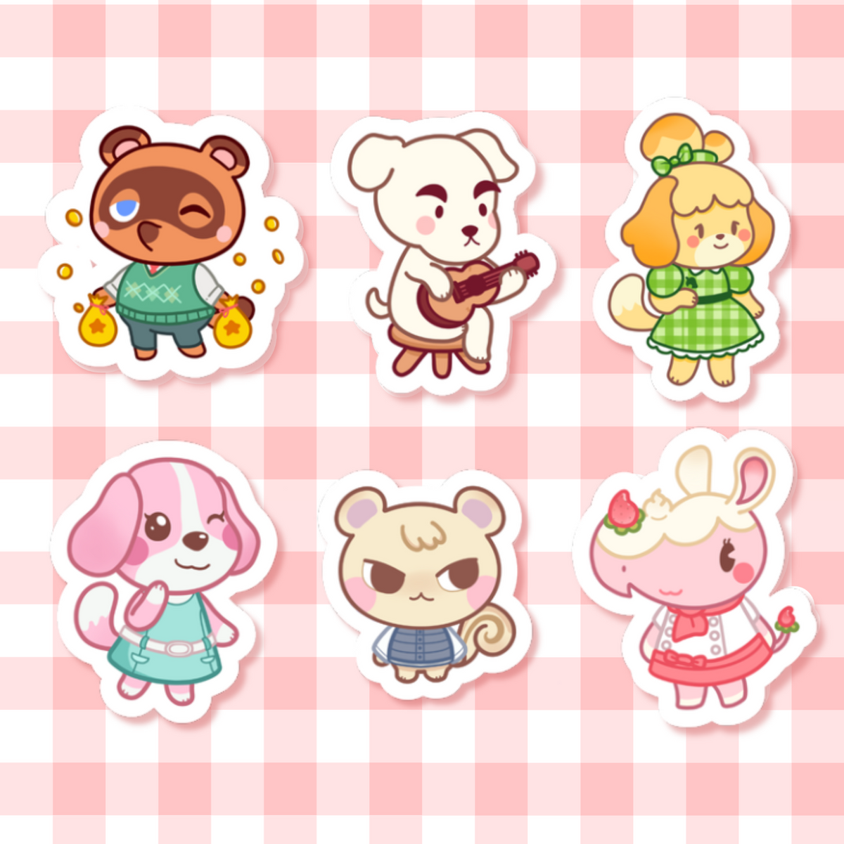 Six cute cartoon animal character stickers arranged in two rows on a pink and white checkered background.