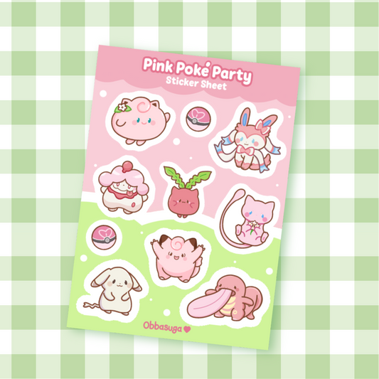 A 'Pink Poke Party' sticker sheet featuring cute pink cartoon characters, displayed on a green and white checkered background.