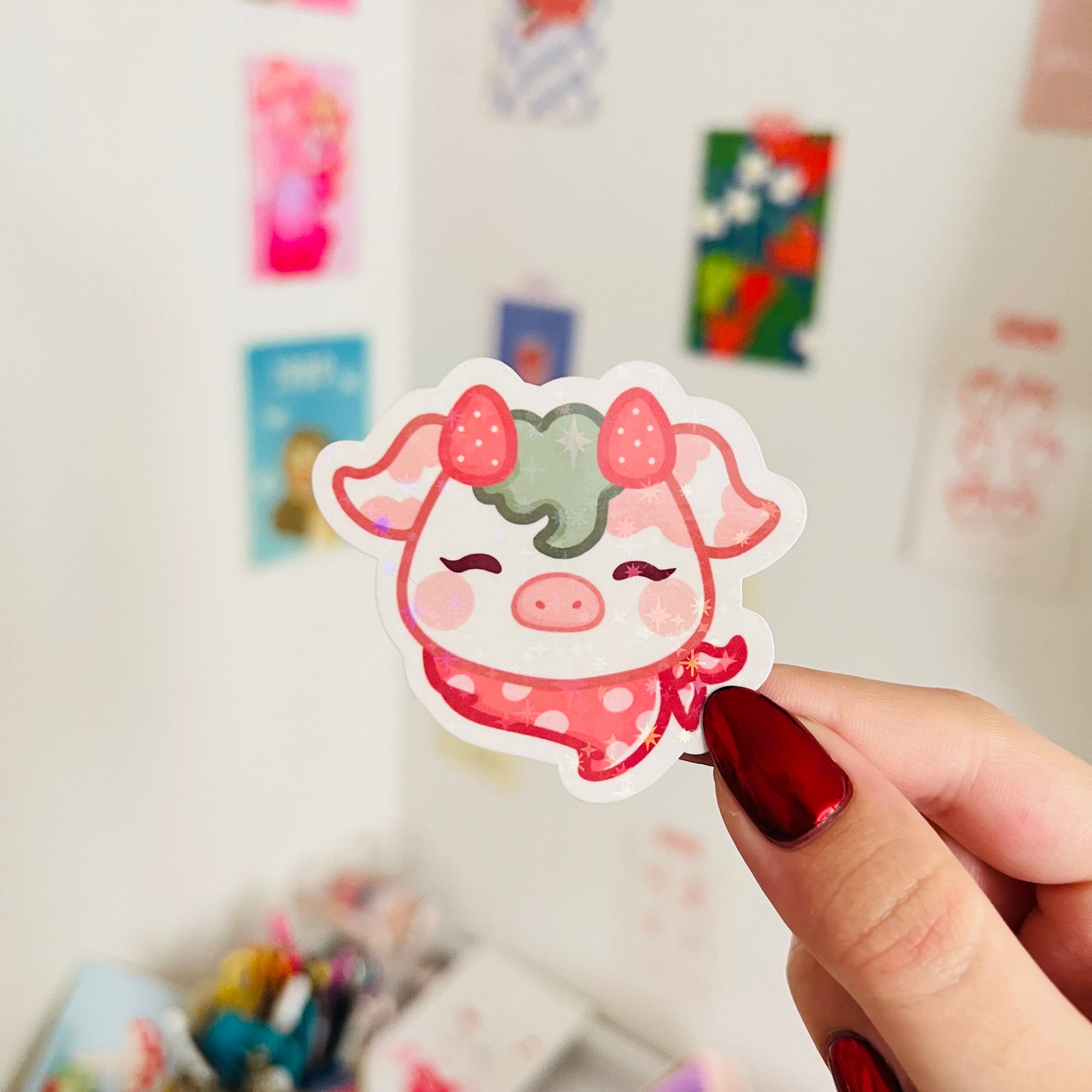 Strawberry Cow Glitter Sticker